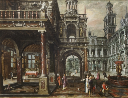 Paul Vredeman de Vries, Palastarchitektur mit höfischer Gesellschaft und Vorbereitung zu einem Mahl, 1607, 147,5 x 189,5 cm; © GRASSI Museum für Angewandte Kunst, Leipzig/Foto: Christoph Sandig
