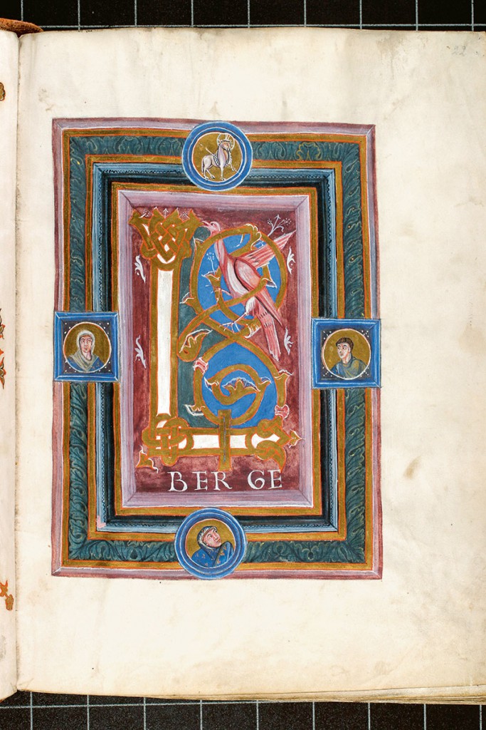 Seite aus dem Evangeliar von St. Gereon (ca. 990–1000) mit Medaillonbildern Adelheids, Theophanus und Ottos III.
