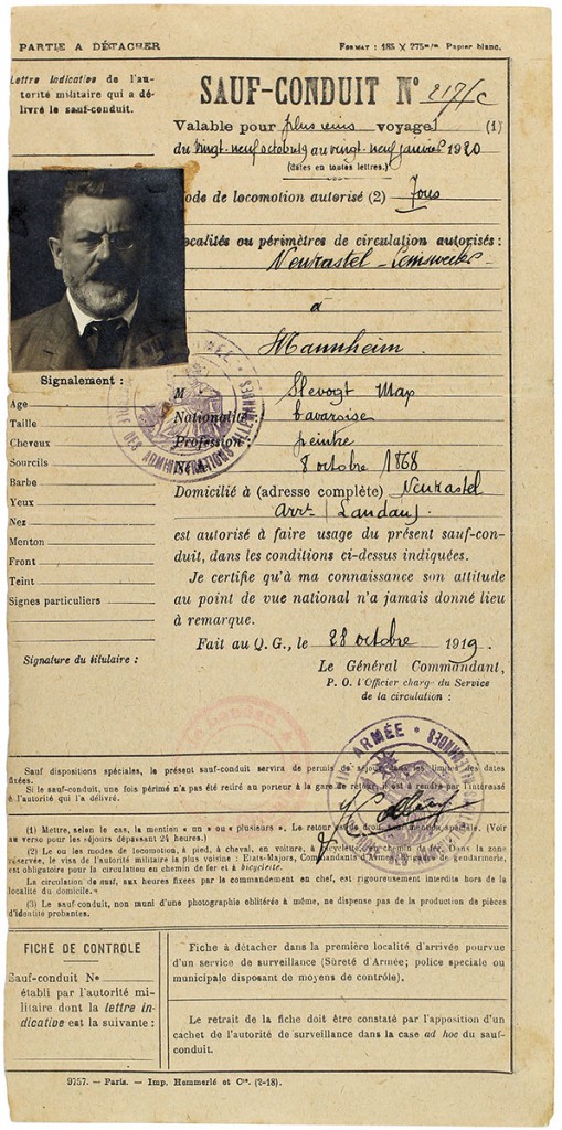 Max Slevogts Passierschein für die Pfalz, die nach dem Ersten Weltkrieg unter französischer Verwaltung stand, 1919; Pfälzische Landesbibliothek Speyer