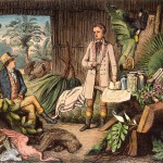Otto Roth, Alexander von Humboldt und Aimé Bonpland in der Urwaldhütte am Orinoco, 1870, Holzstich nach einer Zeichnung von H. Lademann