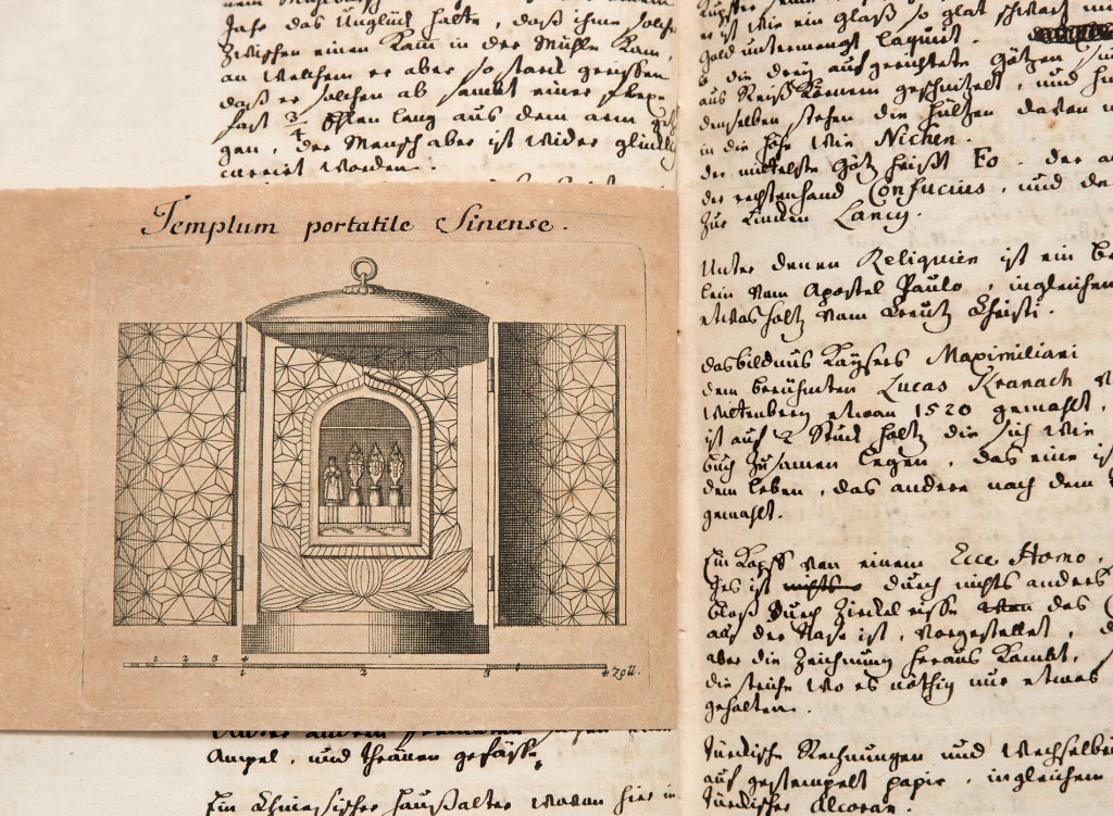 Johann Andreas Silbermann, Reisetagebuch, Stich des Reiskornaltars, 1741; Sächsische Landesbibliothek – Staats- und Universitätsbibliothek Dresden