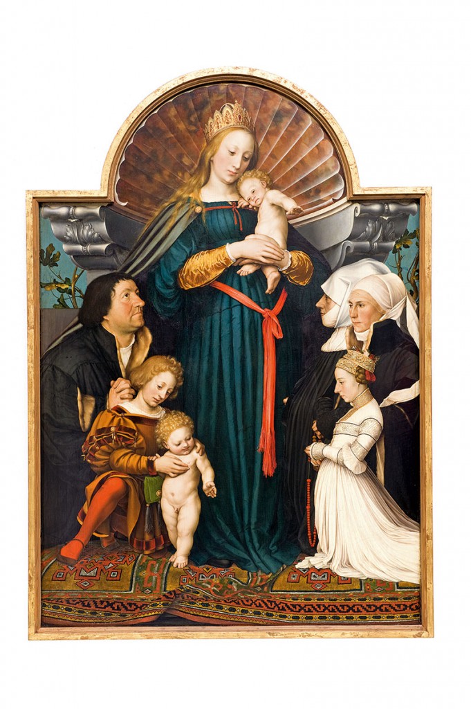 Hans Holbein d. J., Madonna des Bürgermeisters Jacob Meyer zum Hasen (sog. Schutzmantelmadonna), 1525/26 und 1528, 146,5 × 102 cm; Sammlung Würth, Schwäbisch Hall
