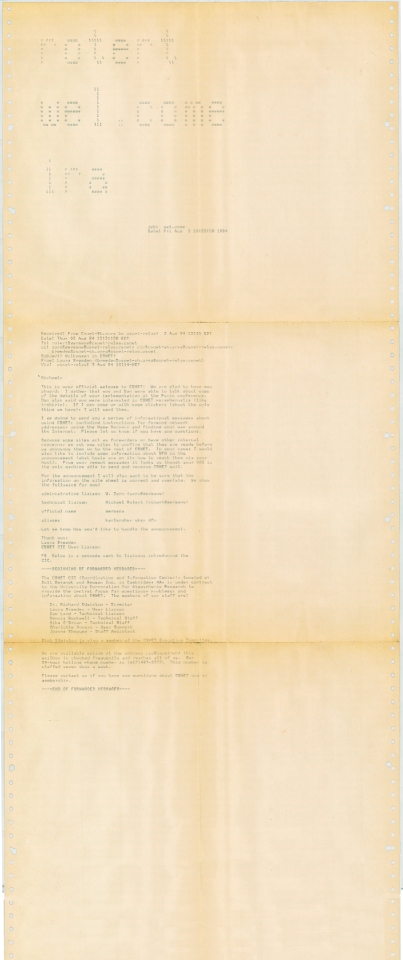 Der Originalausdruck der ersten E-Mail Deutschlands vom 3. August 1984 © Stadtarchiv Karlsruhe