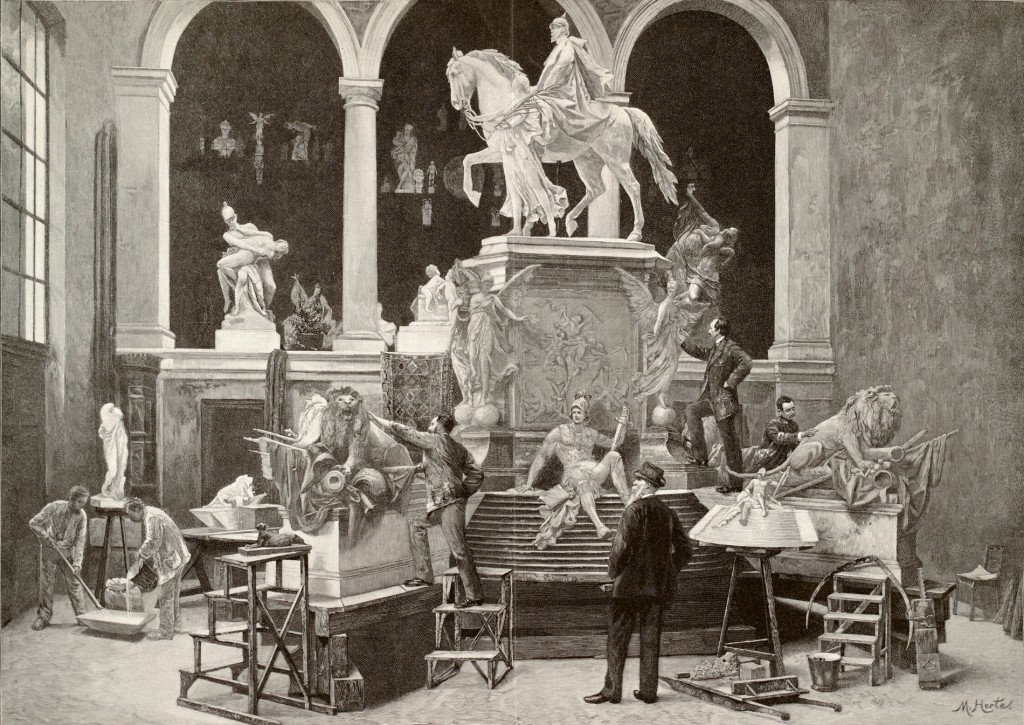 Reinhold Begas in seinem Atelier vor einem Modell des Nationaldenkmals Kaiser Wilhelms I. für die Schlossfreiheit in Berlin, Holzstich, 1895/96, nach einem Gemälde von Max Horte