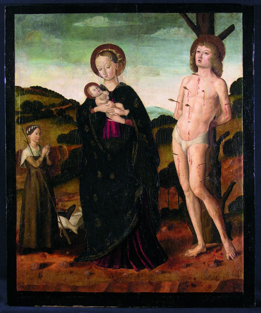 Giovanni Santi von Urbino, Maria mit dem Kinde, der Hl. Sebastian, eine Hirtin, um 1470, restauriert für das Lindenau-Museum Altenburg