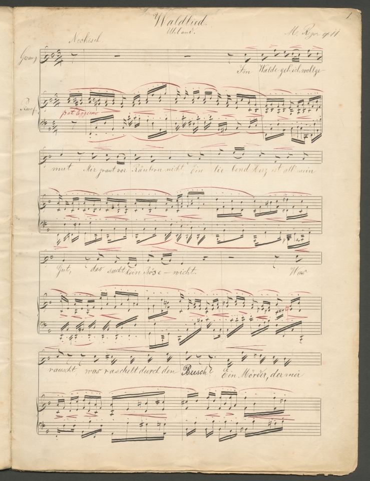 Stichvorlage von Max Regers fünf Liedern für hohe Singstimme und Klavier, hier: Waldlied, op. 8 Nr. 1, Bildnachweis: Max-Reger-Institut Karlsruhe