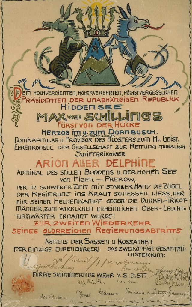 Urkunde Regierungsabtritt Max von Schillings mit den Unterschriften von u.a. Gerhart Hauptmann und Thomas Mann, Hiddensee 1924 © Gerhart-Hauptmann-Stiftung