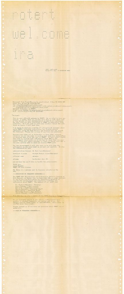 2015 Entsäuerung von Archivgut: Der Originalausdruck der ersten E-Mail Deutschlands vom 3. August 1984 konnte mit Unterstützung von KEK vor dem Zerfall durch Säurefraß gerettet werden; © Stadtarchiv Karlsruhe