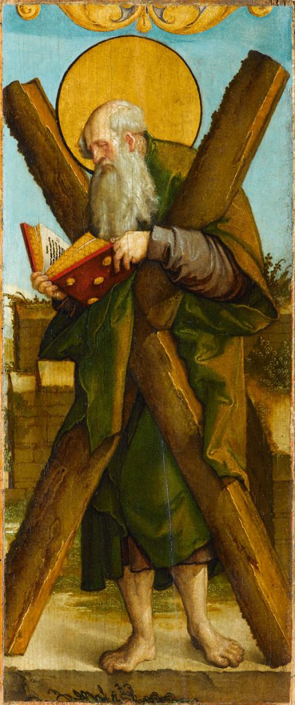 Meister von Meßkirch, Der Apostel Andreas, um 1535/40, 56,10 x 24,10 cm; Staatsgalerie Stuttgart, Leihgabe aus Privatbesitz seit 1977; © Staatsgalerie Stuttgart