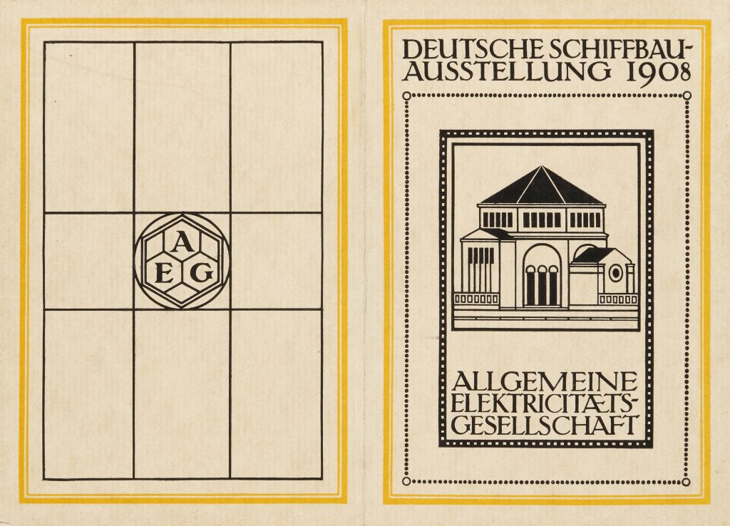 Peter Behrens, Umschlag des Ausstellungsführers „Deutsche Schiffbau-Ausstellung 1908“ der AEG, Berlin, 1908; Sammlung Kunstmuseen Krefeld