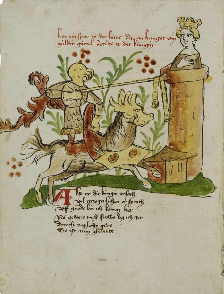 Donaueschinger Handschrift, Wigalois-Sage: Joram reicht Ginover den Zaubergürtel, 1420, Badische Landesbibliothek, © Badische Landesbibliothek