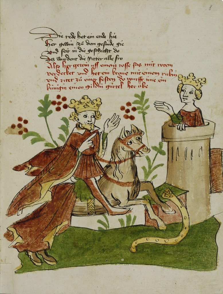 Donaueschinger Handschrift, Wigalois-Sage: Ginover gibt Joram den Gürtel zurück, 1420, Badische Landesbibliothek, © Badische Landesbibliothek