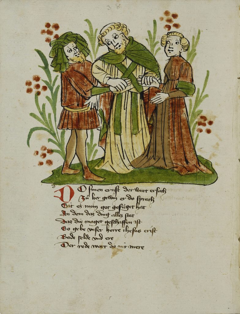 Donaueschinger Handschrift, Wigalois-Sage: Hochzeit Gaweins und Flories, 1420, Badische Landesbibliothek, © Badische Landesbibliothek