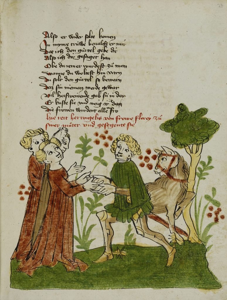 Donaueschinger Handschrift, Wigalois-Sage: Wigalois' Abschied von Florie, 1420, Badische Landesbibliothek, © Badische Landesbibliothek