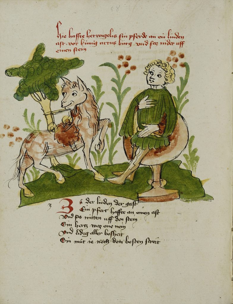 Donaueschinger Handschrift, Wigalois-Sage: Wigalois auf dem Tugendstein, 1420, Badische Landesbibliothek, © Badische Landesbibliothek