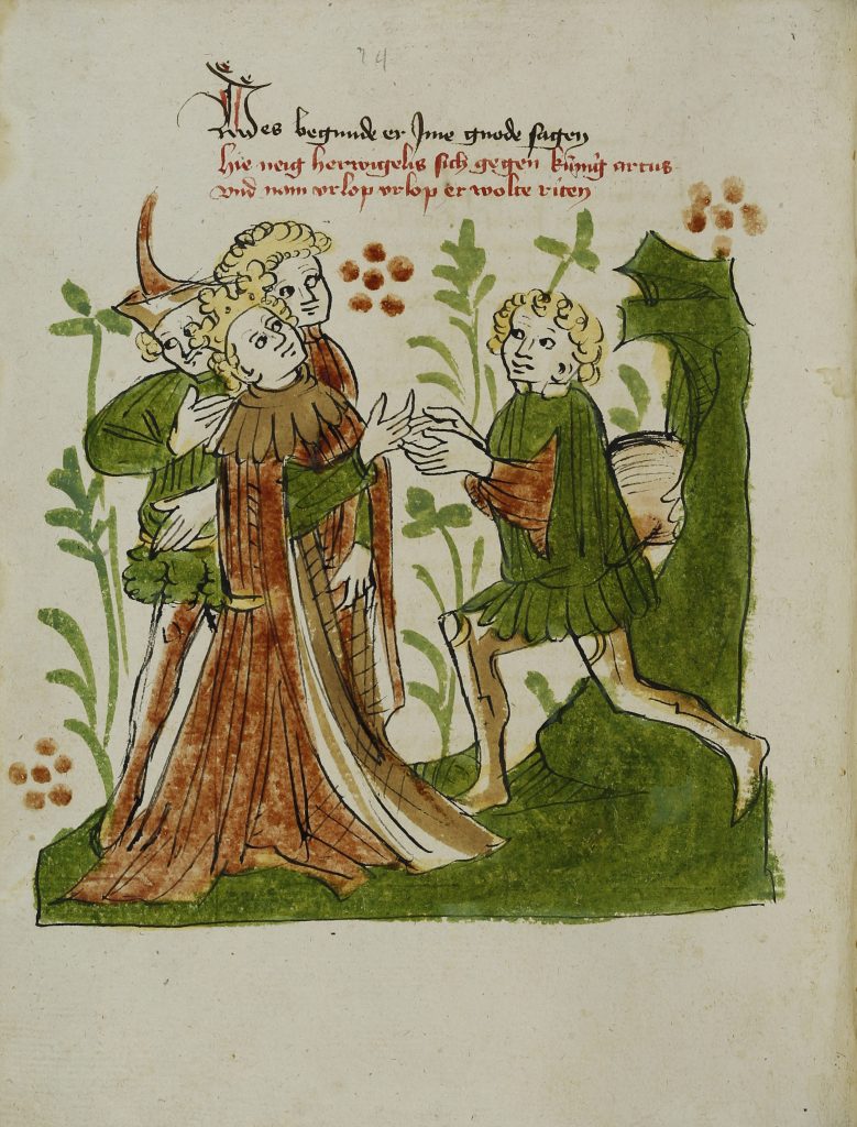 Donaueschinger Handschrift, Wigalois-Sage: Wigalois' Abschied von Artus und seinem Hof, 1420, Badische Landesbibliothek, © Badische Landesbibliothek