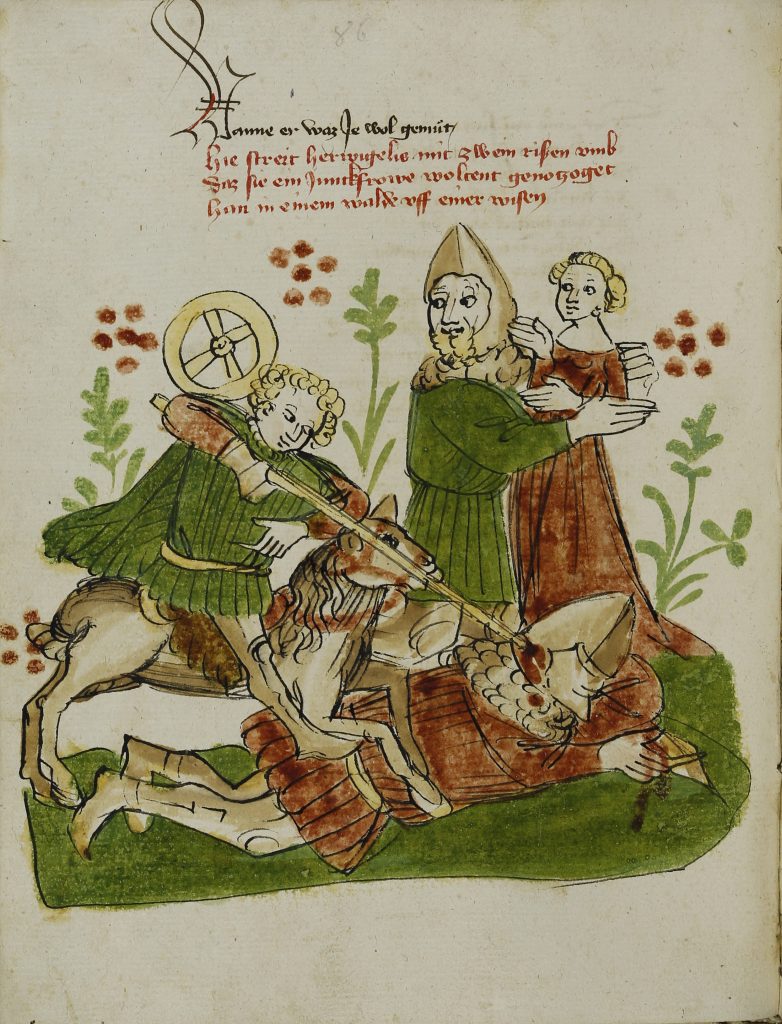 Donaueschinger Handschrift, Wigalois-Sage: Der Riesenkampf, 1420, Badische Landesbibliothek, © Badische Landesbibliothek