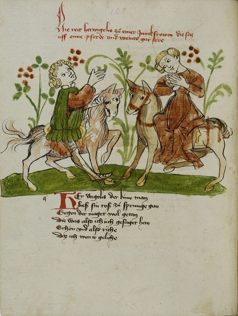 Donaueschinger Handschrift, Wigalois-Sage: Die Begegnung mit Elamie, 1420, Badische Landesbibliothek, © Badische Landesbibliothek