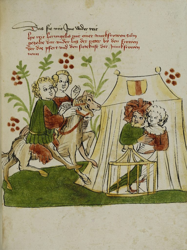 Donaueschinger Handschrift, Wigalois-Sage: Wigalois und Elamie suchen den Roten Ritter auf, 1420, Badische Landesbibliothek, © Badische Landesbibliothek