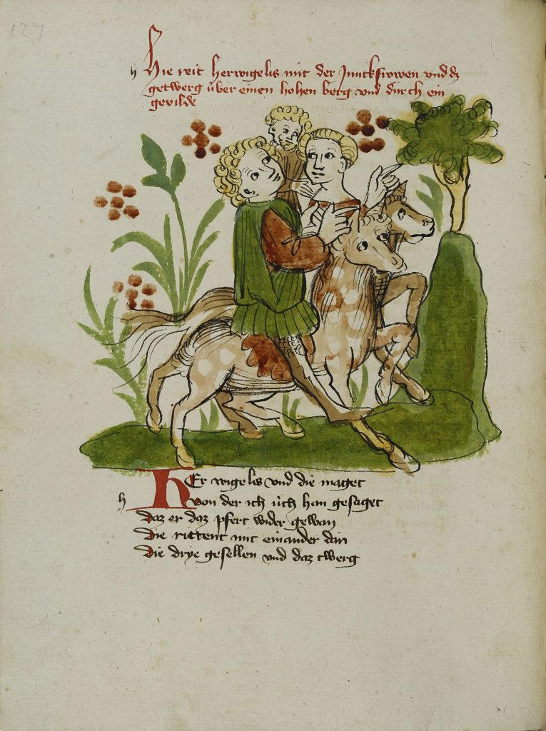 Donaueschinger Handschrift, Wigalois-Sage: Weiterritt nach dem Hojir-Kampf, 1420, Badische Landesbibliothek, © Badische Landesbibliothek