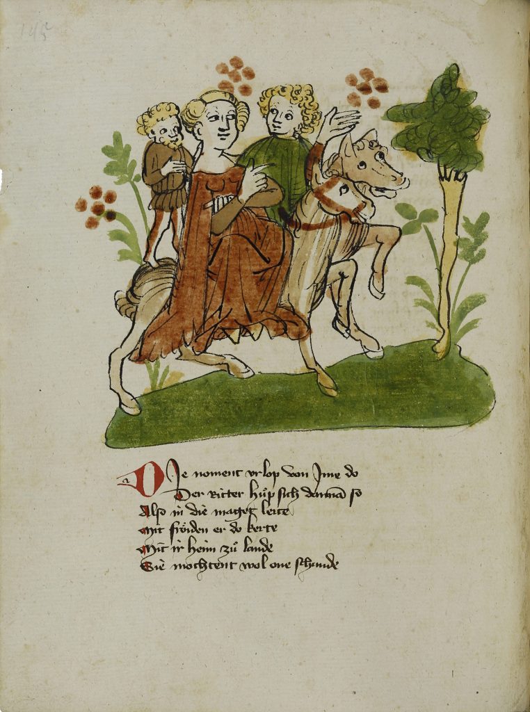 Donaueschinger Handschrift, Wigalois-Sage: Weiterritt nach dem Kampf mit Schaffilun, 1420, Badische Landesbibliothek, © Badische Landesbibliothek