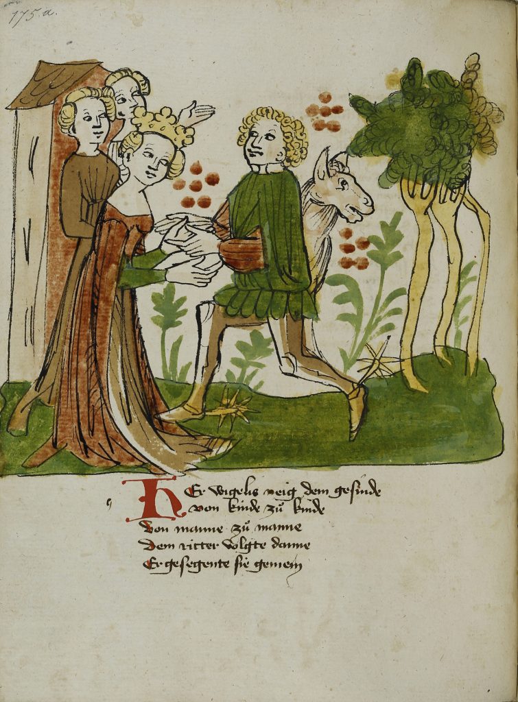 Donaueschinger Handschrift, Wigalois-Sage: Wigalois' Abschied von Larie, 1420, Badische Landesbibliothek, © Badische Landesbibliothek