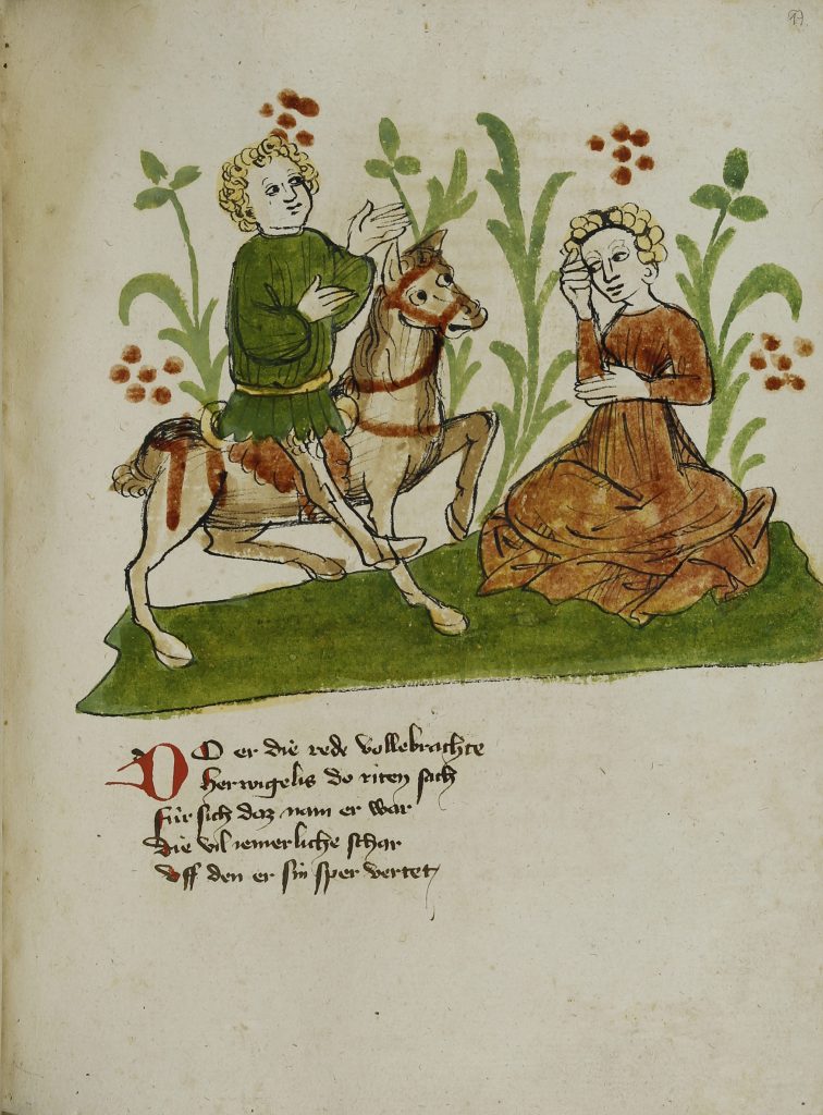 Donaueschinger Handschrift, Wigalois-Sage: Die Gegenung mit Beleare, 1420, Badische Landesbibliothek, © Badische Landesbibliothek