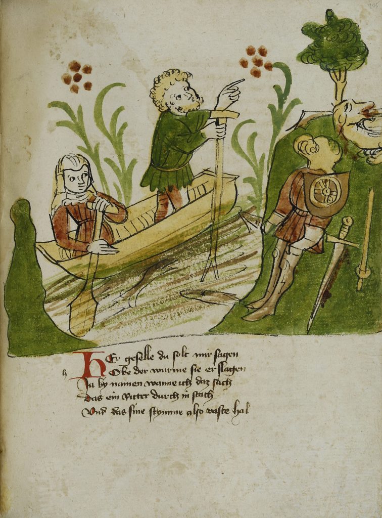 Donaueschinger Handschrift, Wigalois-Sage: Das Fischerpaar findet den ohnmächtigen Wigalois, 1420, Badische Landesbibliothek, © Badische Landesbibliothek
