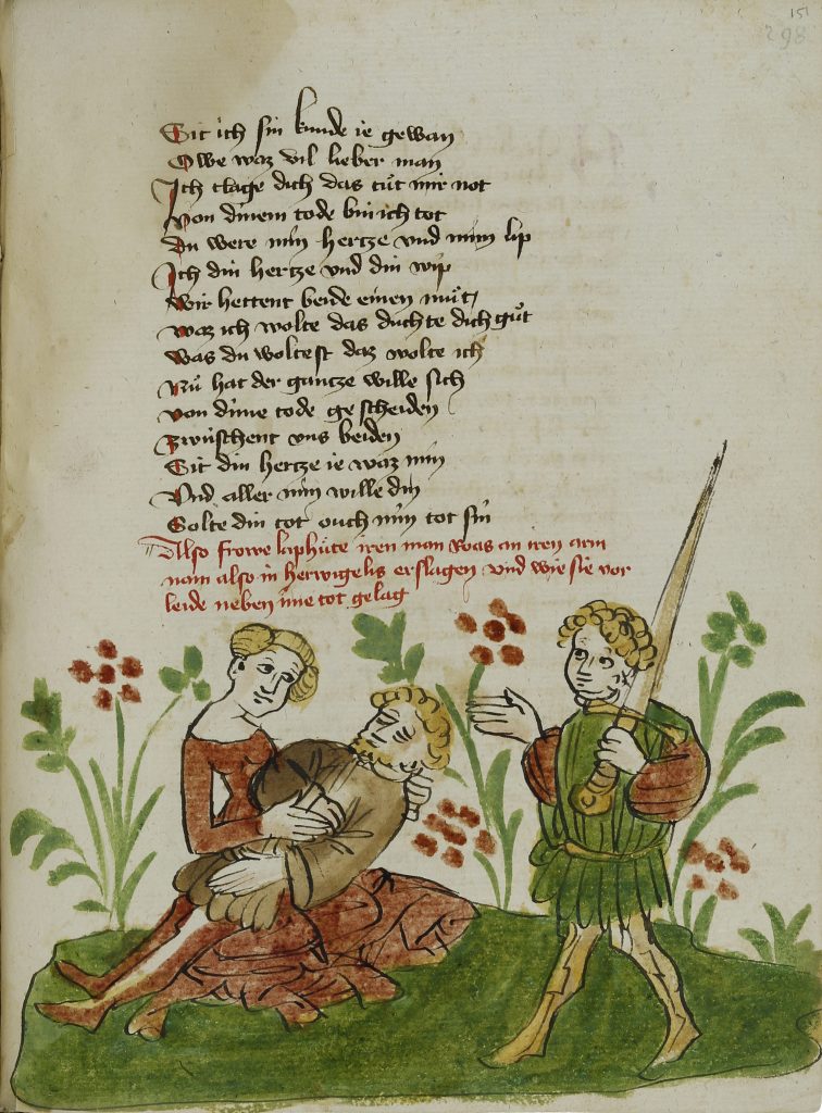 Donaueschinger Handschrift, Wigalois-Sage: Japhites Trauer um den erschlagenen Roaz, 1420, Badische Landesbibliothek, © Badische Landesbibliothek