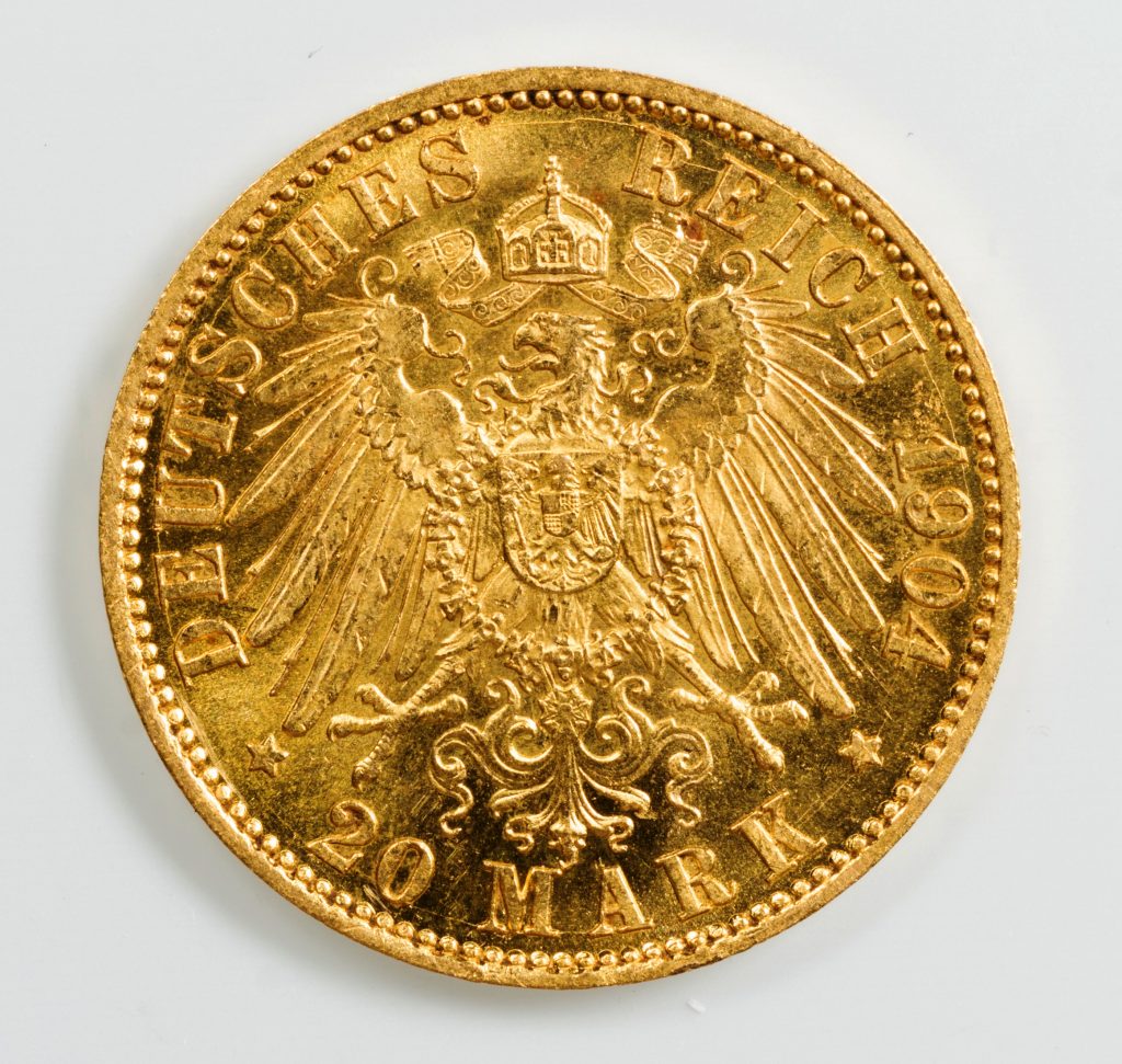 Reichsgoldmünze Anhalt Friedrich II. (Rückseite), 1904-1918, 20 Mark 1904; Münzstätte Berlin; © Kulturstiftung Sachsen-Anhalt Foto: Ulf Dräger