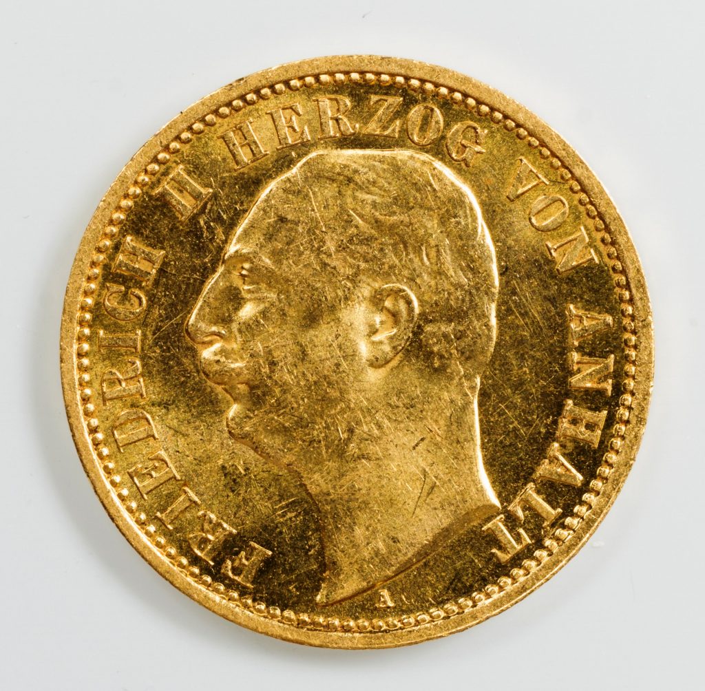 Reichsgoldmünze Anhalt Friedrich II. (Vorderseite), 1904-1918, 20 Mark 1904; Münzstätte Berlin; © Kulturstiftung Sachsen-Anhalt Foto: Ulf Dräger