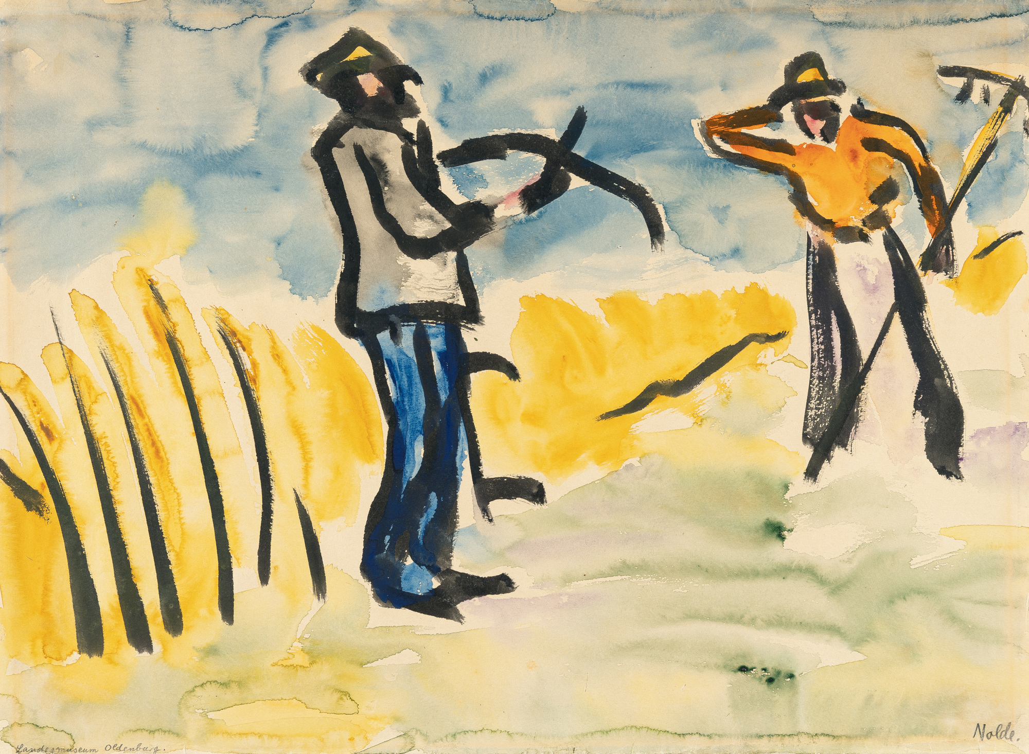 Expressionistisches Gemälde, das einen Bauern und eine Bäuerin bei der Feldarbeit zeigt
