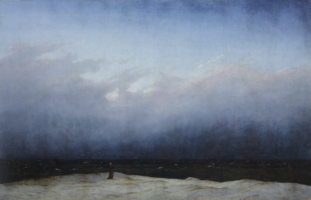 düstere Meereslandschaft mit Person im Vordergrund, die auf das Meer blickt