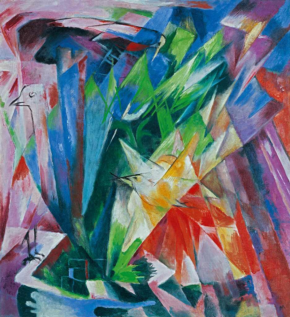 Abstraktes Bild in buten Farben mit erkennbaren Vögeln