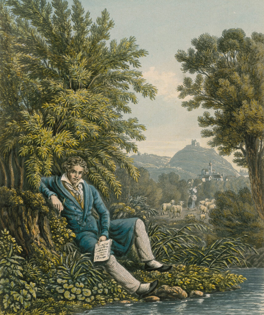 Farbradierung, Mann sitzend an einem Fluss mit einem Notenheft in der Hand