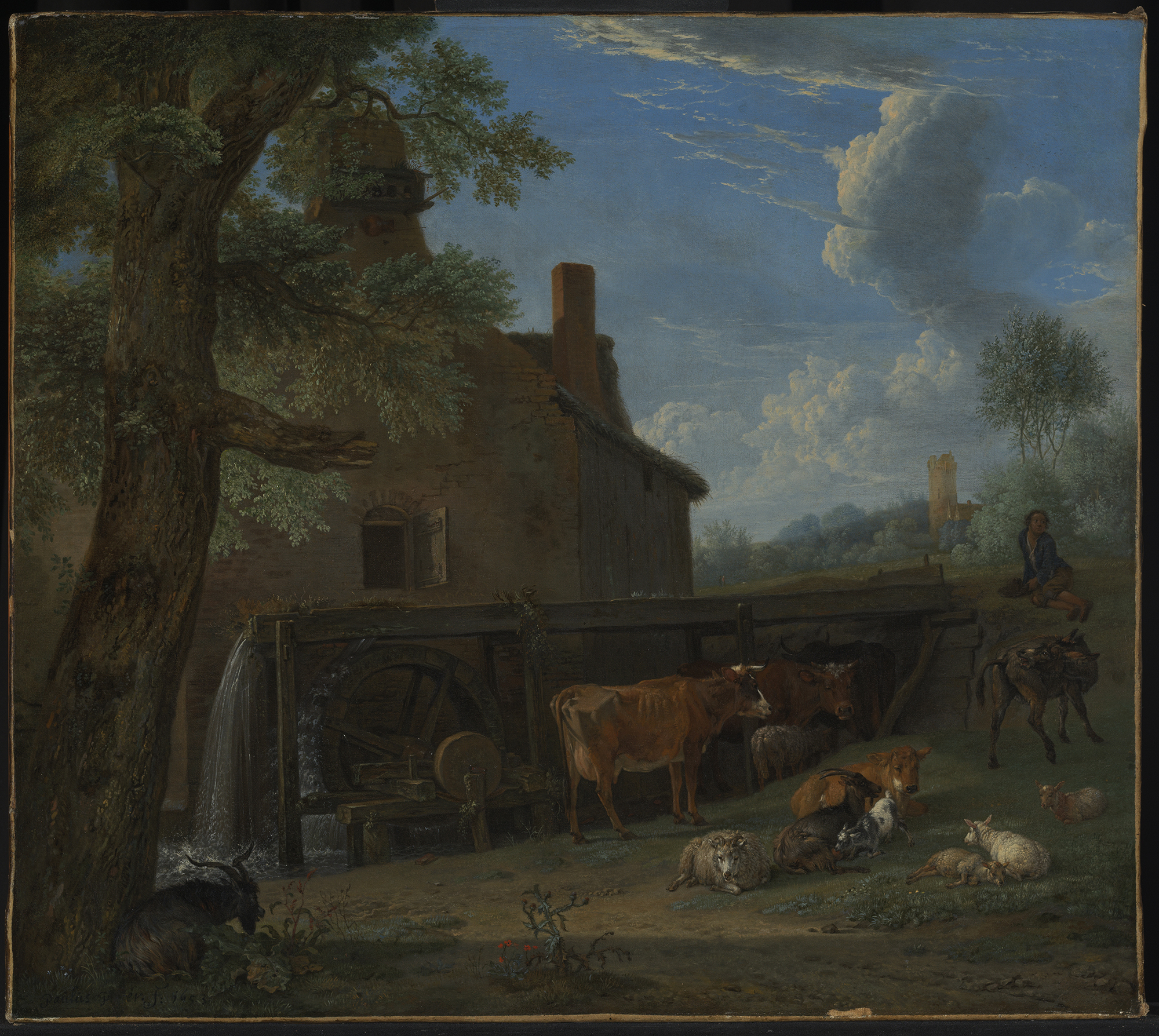 Gemälde mit Wassermühle und Tieren im Vordergrund