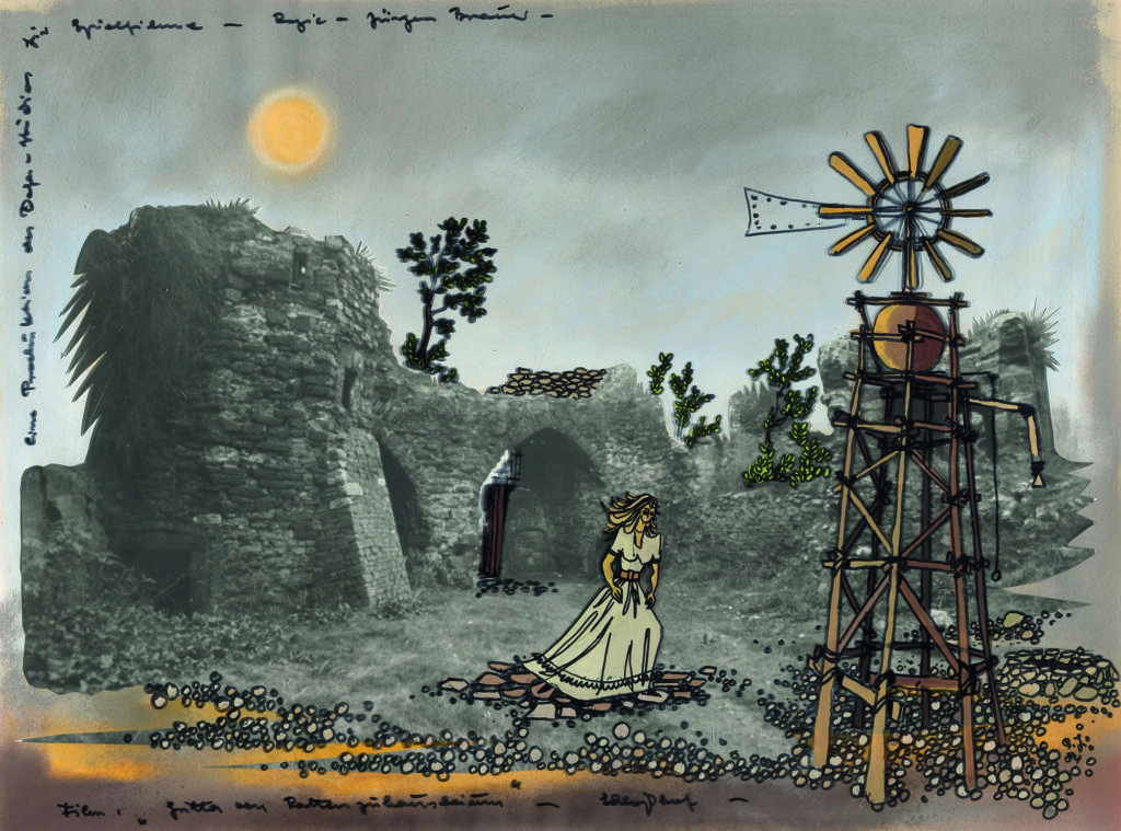 Szenografie mit einer Frau, die vor einer Ruine steht, Windmühle im Vordergrund