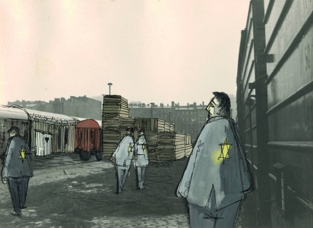 Szenografie mit Personen, die einen gelben Stern auf der Kleidung tragen