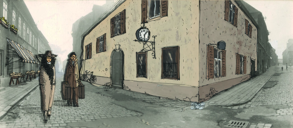 Szenografie in Collagetechnik, zwei Personen in einer Gasse