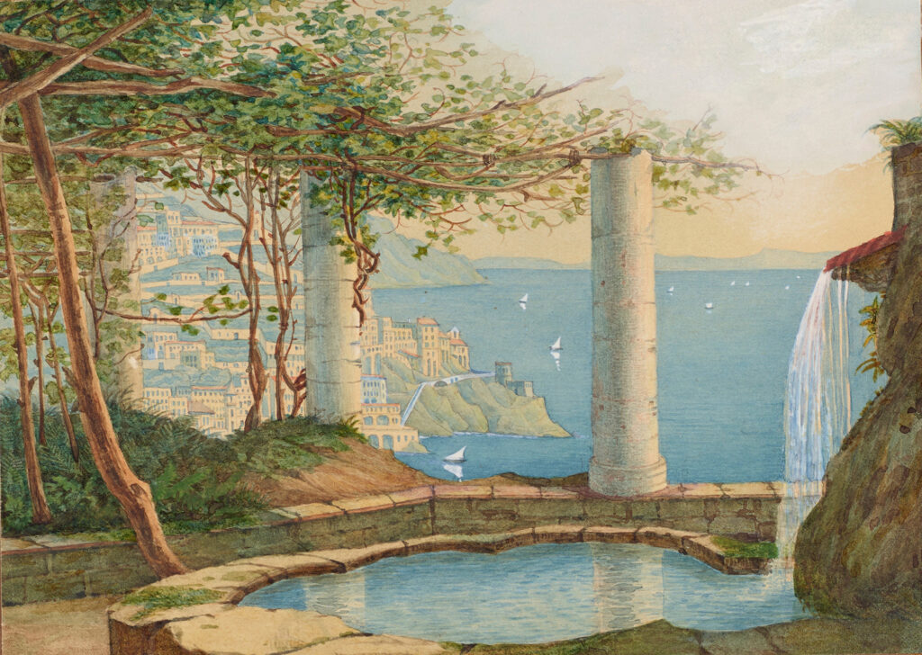 Aquarellzeichnung einer Küstenlandschaft