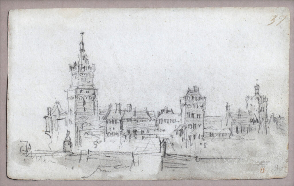 Schwarz-weiße Kreidezeichnung, Stadtansicht Kleve
