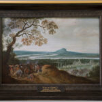 Ölgemälde, Schlachtszene mit Stadt im Hintergrund