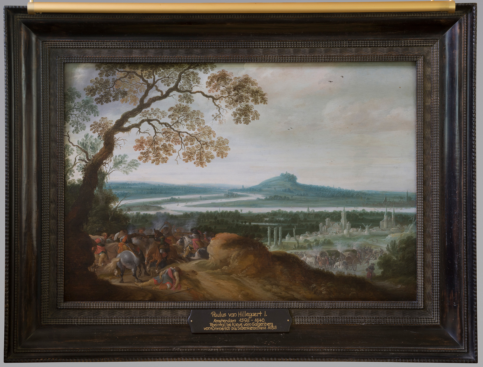 Ölgemälde, Schlachtszene mit Stadt im Hintergrund