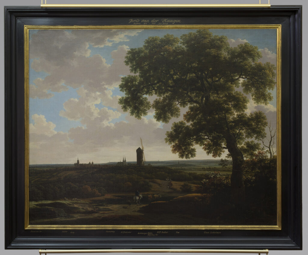 Ölgemälde, Landschaft mit Windmühle, Kirche und Burg im Hintergrund