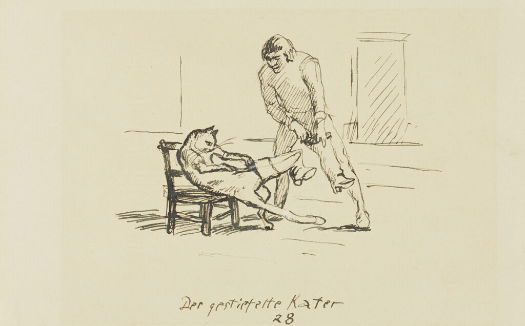 Zeichnung, Katzer sitzt auf einem Stuhl, ein Mann hilft ihm beim Anziehen der Stiefel