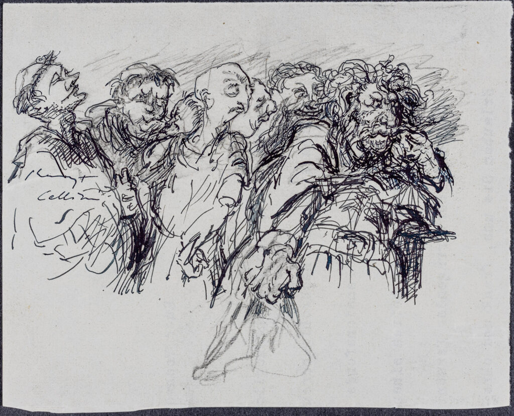 Tuschezeichung (schwarzweiß) mit mehreren Personen