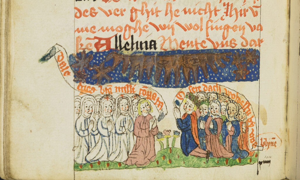 Seite einer Illustierten Handschrift mit einer Gruppe betender Nonnen und einen Sonnen Symbol