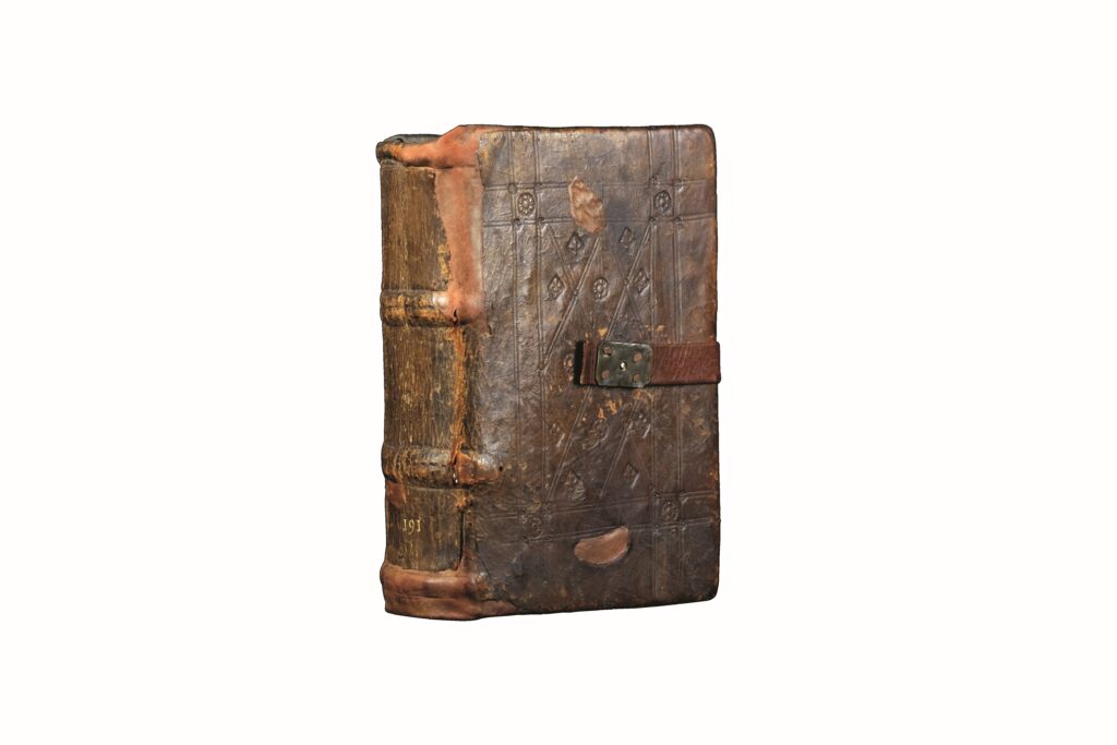 Außen Ansicht einer Pergamenthandschrift, Ledereinband