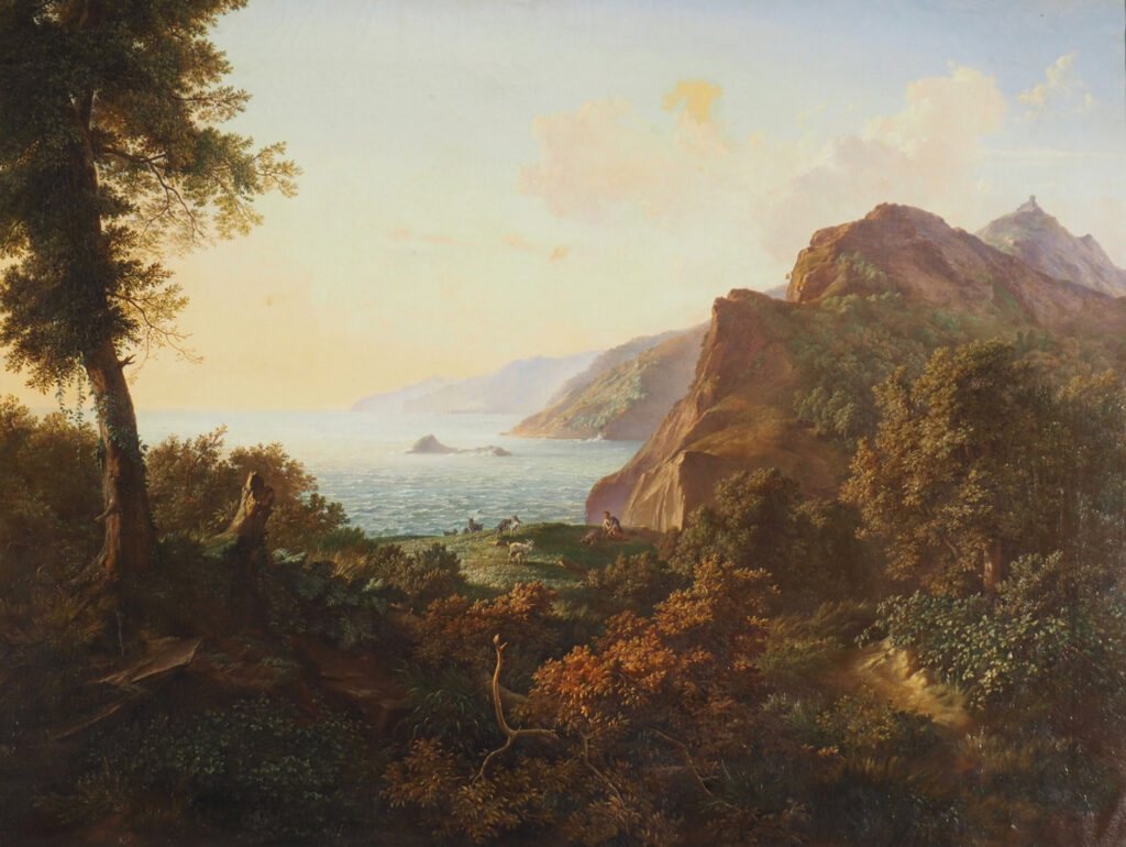 Landschaftsgemälde mit Meeresbucht im Hintergrund