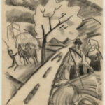 Zeichnung einer Ernteszene, im Vordergrund ein Bauernpaar